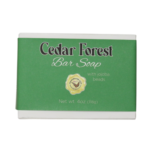 Cedar Forest Bar Soap in a white box with a green label