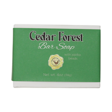 Cedar Forest Bar Soap in a white box with a green label