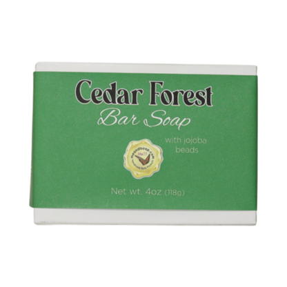 Cedar Forest Bar Soap in a white box with a green label