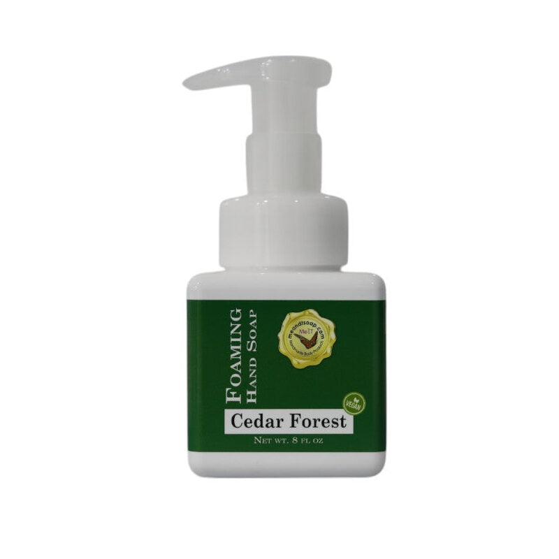 cedar forest foaming hand soap in a square white bottle with a green label