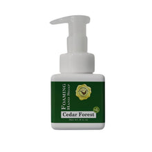 cedar forest foaming hand soap in a square white bottle with a green label