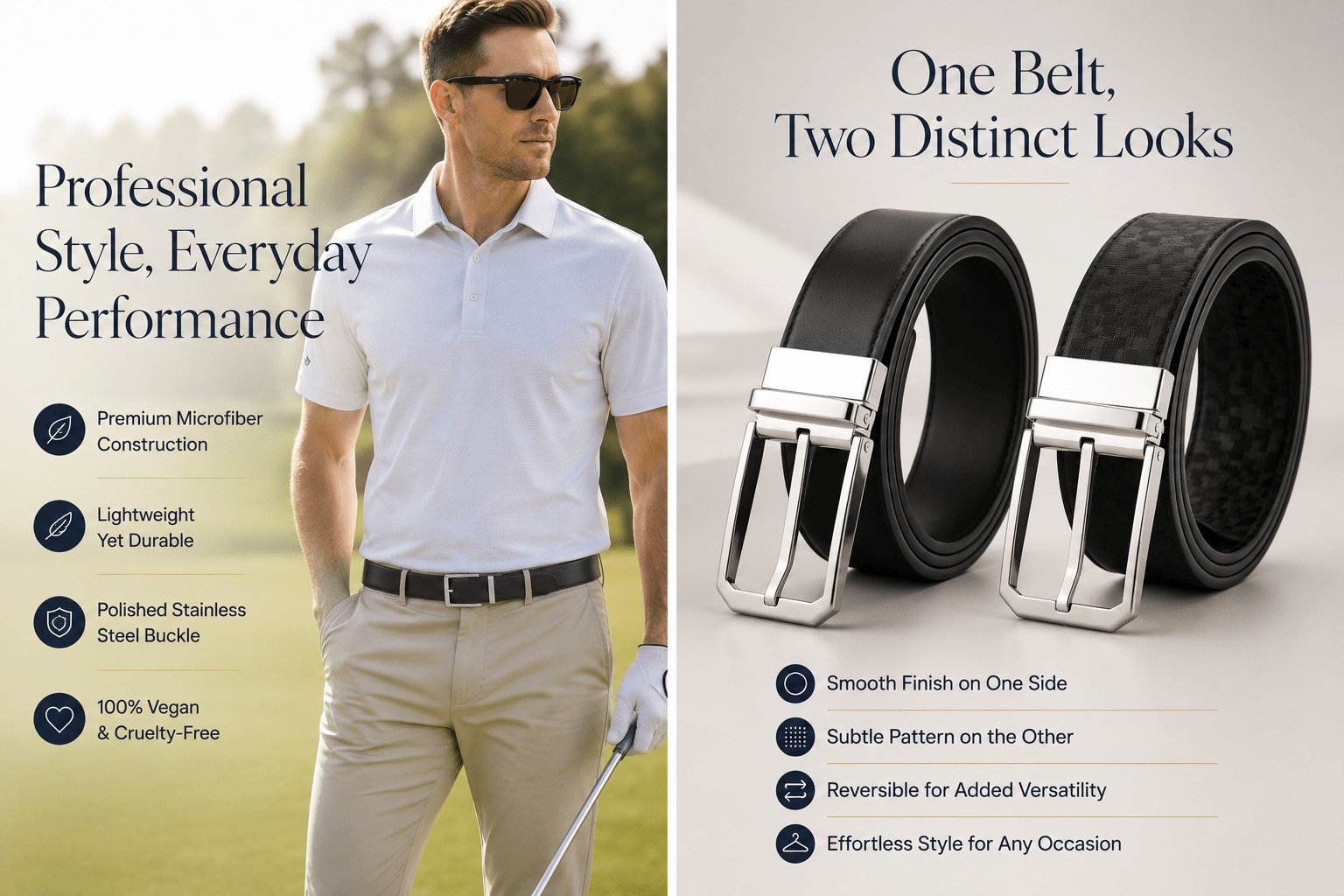 Professional Reversible 1 - Polished SS - Golf Vegan Belt - Vegan America
