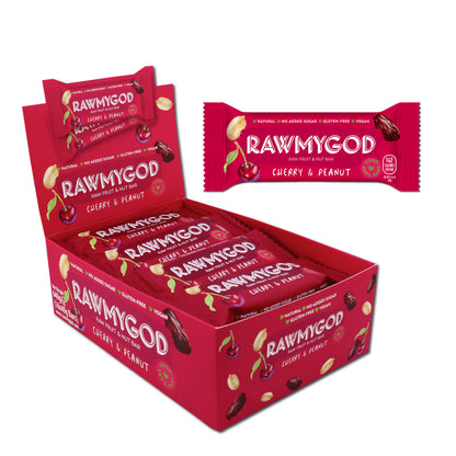 RAWMYGOD Cherry & Peanut Raw Fruit & Nut Bar, Box of 16
