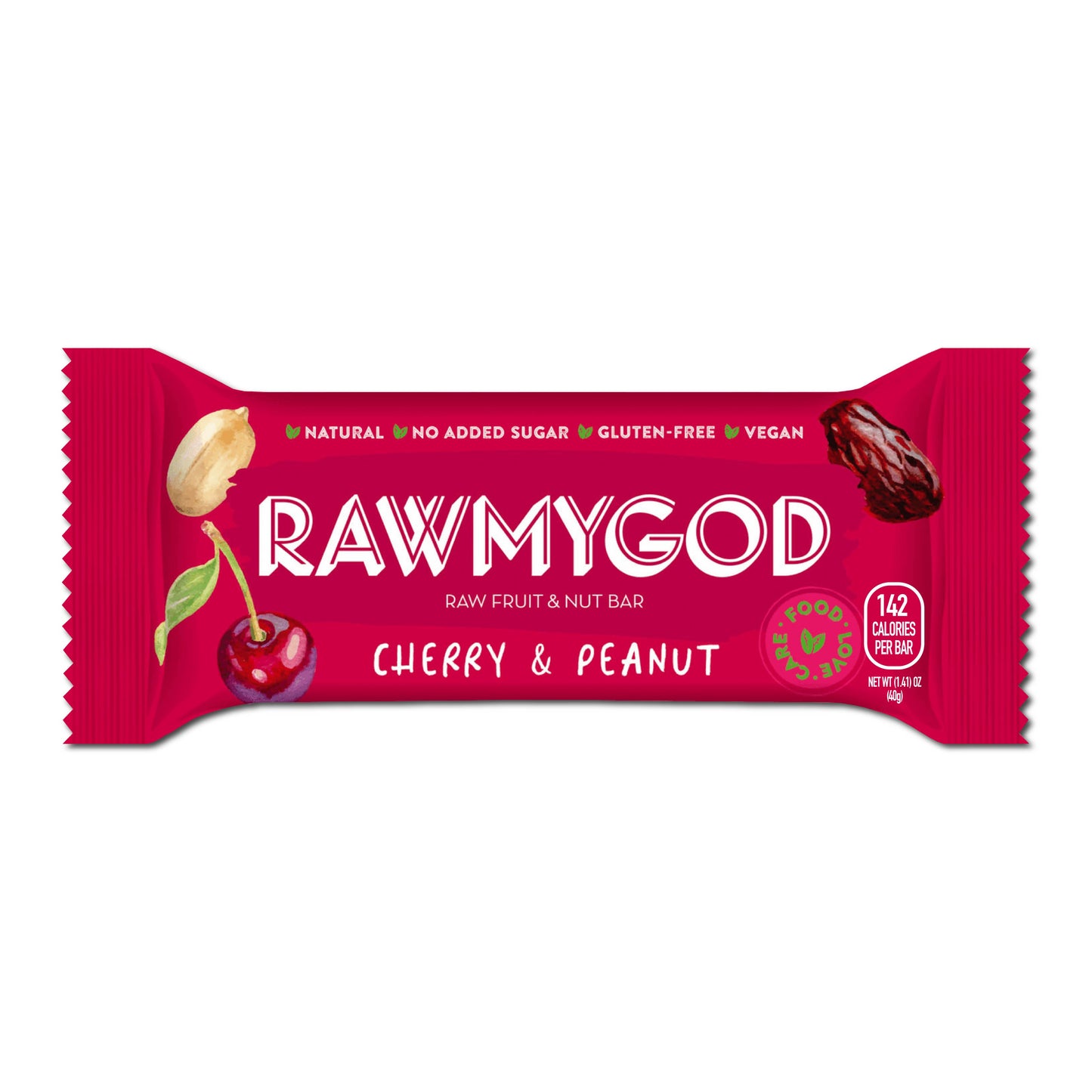 RAWMYGOD Cherry & Peanut Raw Fruit & Nut Bar, Box of 16
