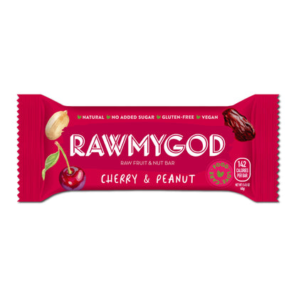 RAWMYGOD Cherry & Peanut Raw Fruit & Nut Bar, Box of 16