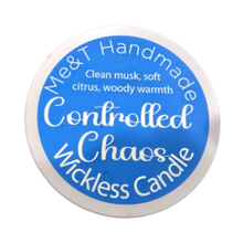 Controlled Chaos image of a round blue label on a white lid