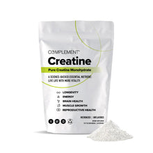 A white pouch labeled COMPLEMENT® Creatine from Complement stands upright beside a small mound of white powder. The packaging highlights benefits like energy, brain health, muscle growth, and reproductive health.