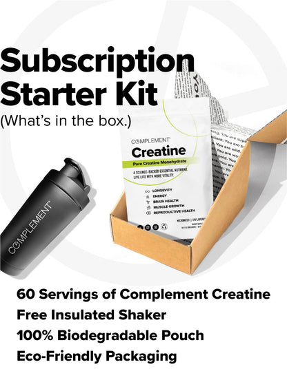 A box with COMPLEMENT® Creatine by Complement (60 servings), a black insulated shaker, and eco-friendly, biodegradable packaging—kit includes a free shaker and powder for muscle growth.