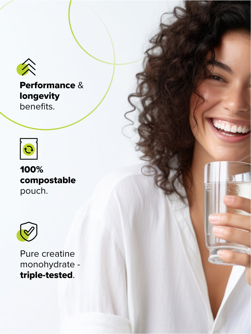 A smiling woman with curly hair holds a glass of water. Text highlights Complement COMPLEMENT® Creatine’s pure, triple-tested creatine monohydrate for performance, longevity, muscle growth benefits, and its 100% compostable pouch.