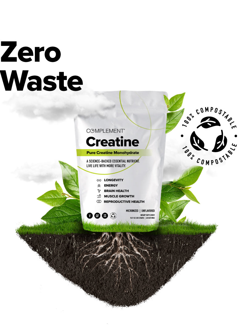A compostable bag of COMPLEMENT® Creatine by Complement rests among green leaves and soil, featuring “Zero Waste” and “100% Compostable,” with roots below to show how this sustainable creatine supports muscles and the planet.