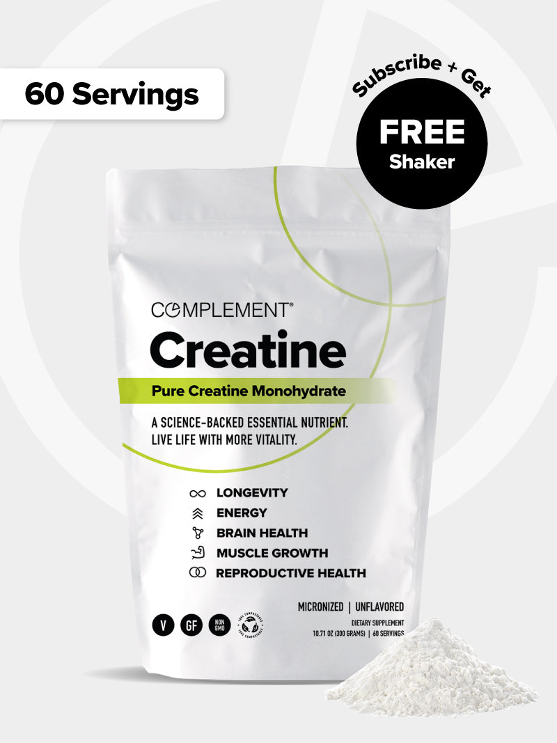 COMPLEMENT® Creatine by Complement is a white pouch featuring benefits like longevity, energy, brain health, muscle growth, and reproductive health. Includes 60 servings of creatine monohydrate, a free shaker, and creatine powder.