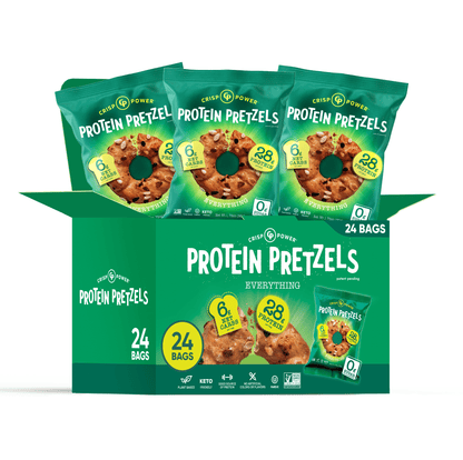Crisp Power Protein Pretzels, Everything , High Protein Snack, 28G Protein, High Fiber Crunchy Pretzel Snacks, No Added Sugar, 1.75 oz Bags, 6 Pack, Vegan, Plant-Based, Keto