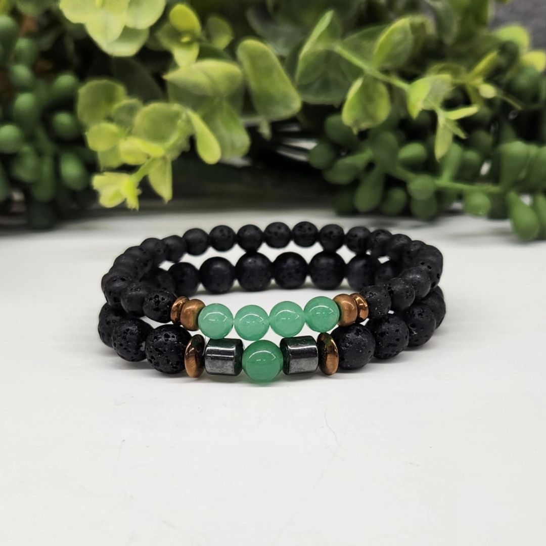 Crystal Black Lava Two Beaded Bracelet Set, Green Aventurine