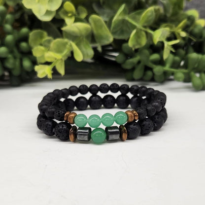 Crystal Black Lava Two Beaded Bracelet Set, Green Aventurine