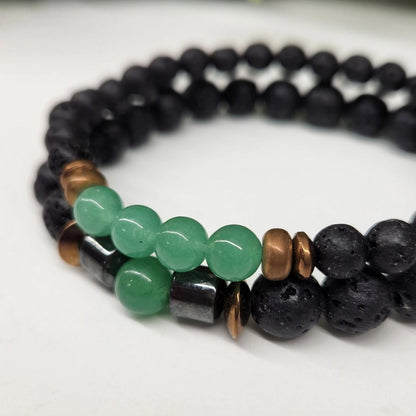 Crystal Black Lava Two Beaded Bracelet Set, Green Aventurine