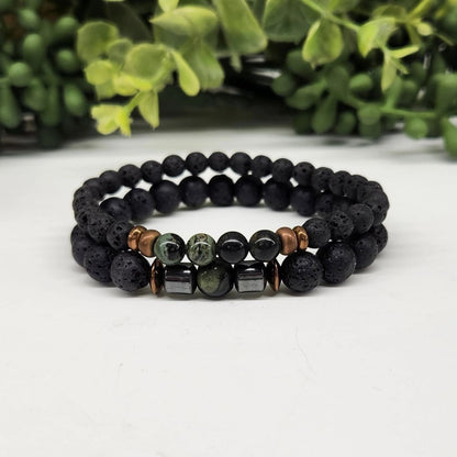 Crystal Black Lava Two Beaded Bracelet Set, Kambaba