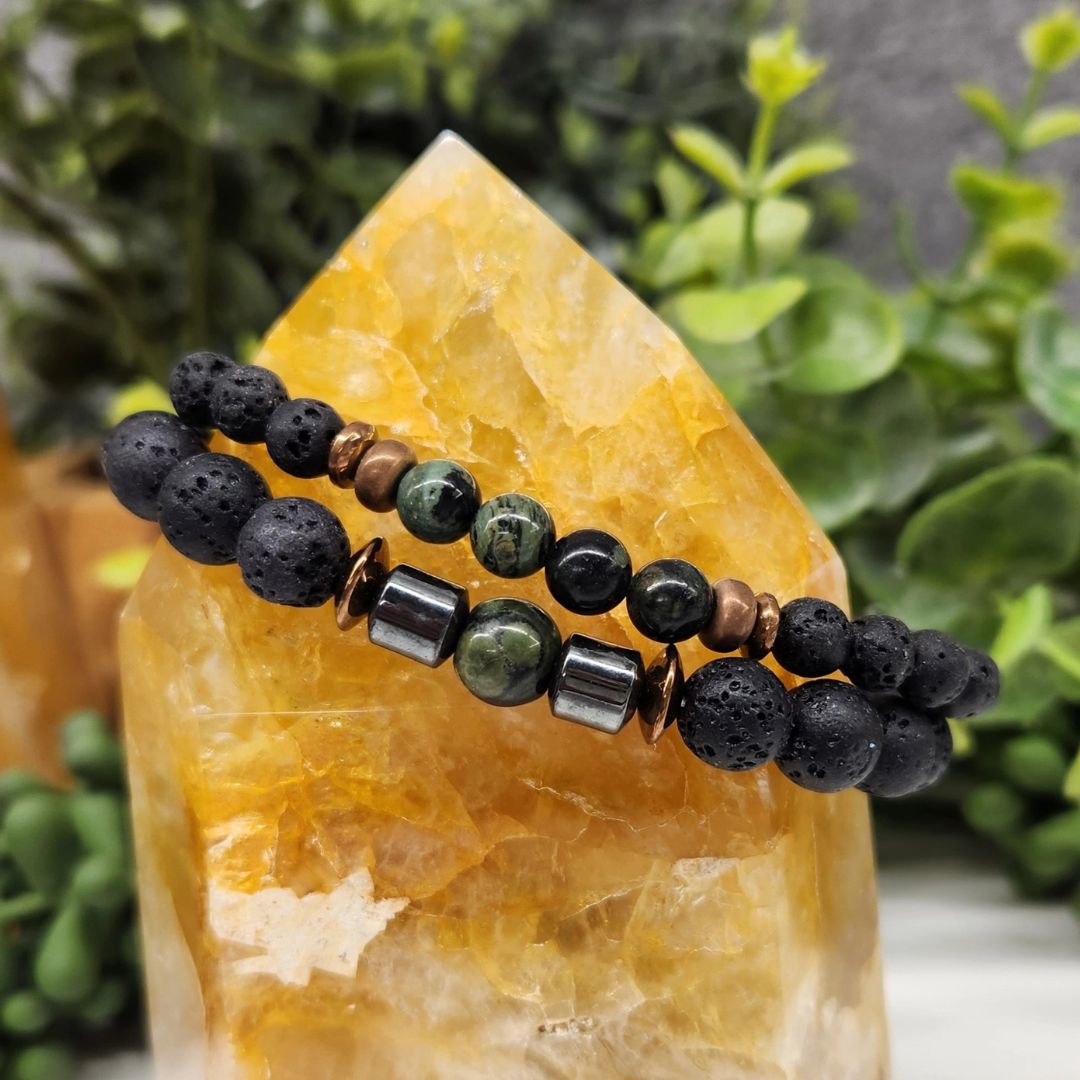Crystal Black Lava Two Beaded Bracelet Set, Kambaba