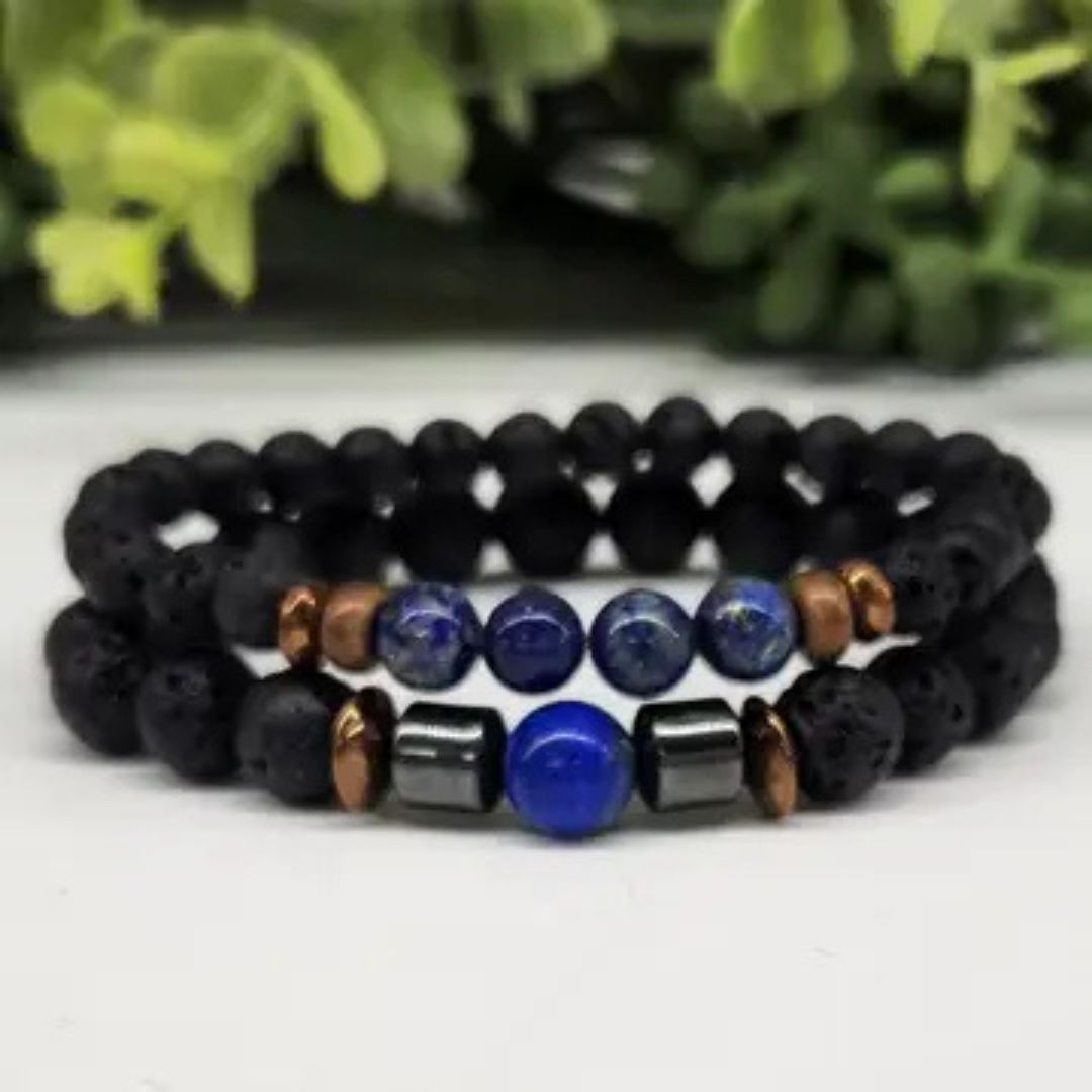 Crystal Black Lava Two Beaded Bracelet Set, Lapis Lazuli