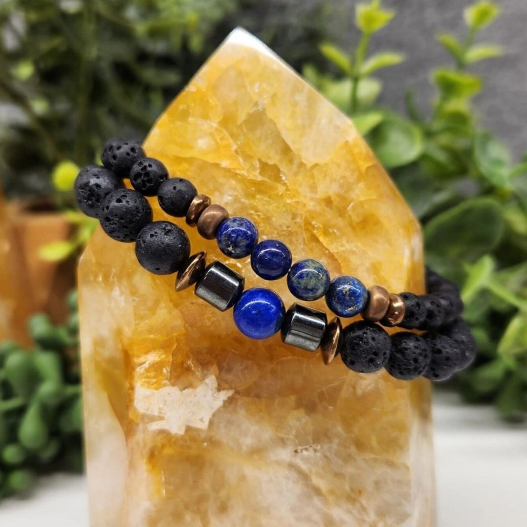 Crystal Black Lava Two Beaded Bracelet Set, Lapis Lazuli