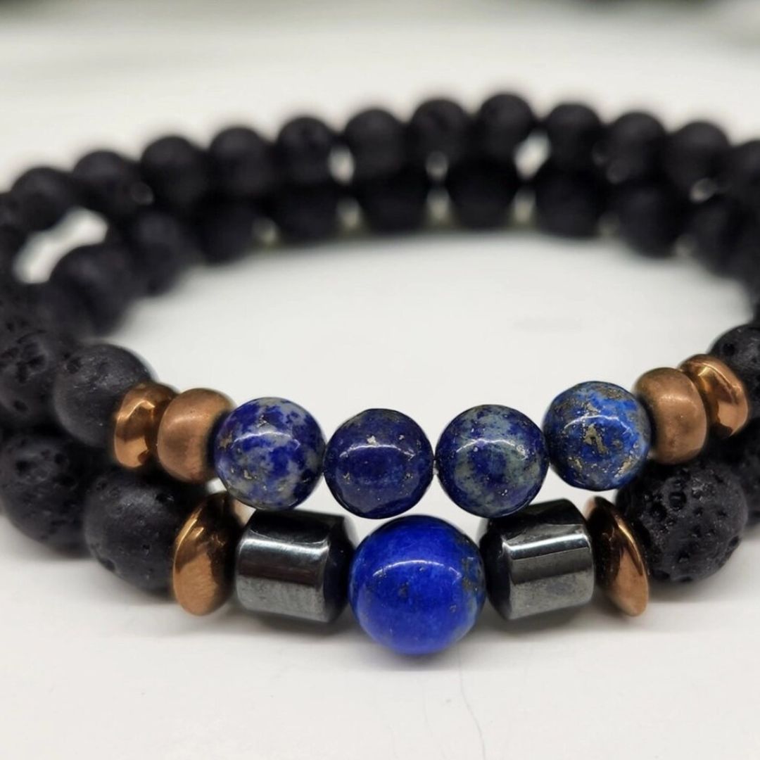Crystal Black Lava Two Beaded Bracelet Set, Lapis Lazuli