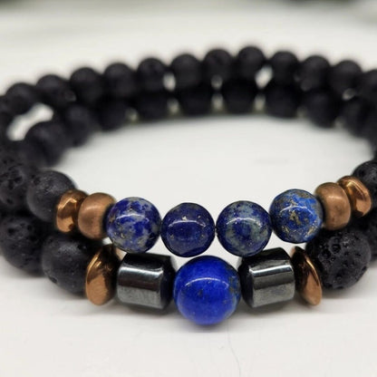 Crystal Black Lava Two Beaded Bracelet Set, Lapis Lazuli