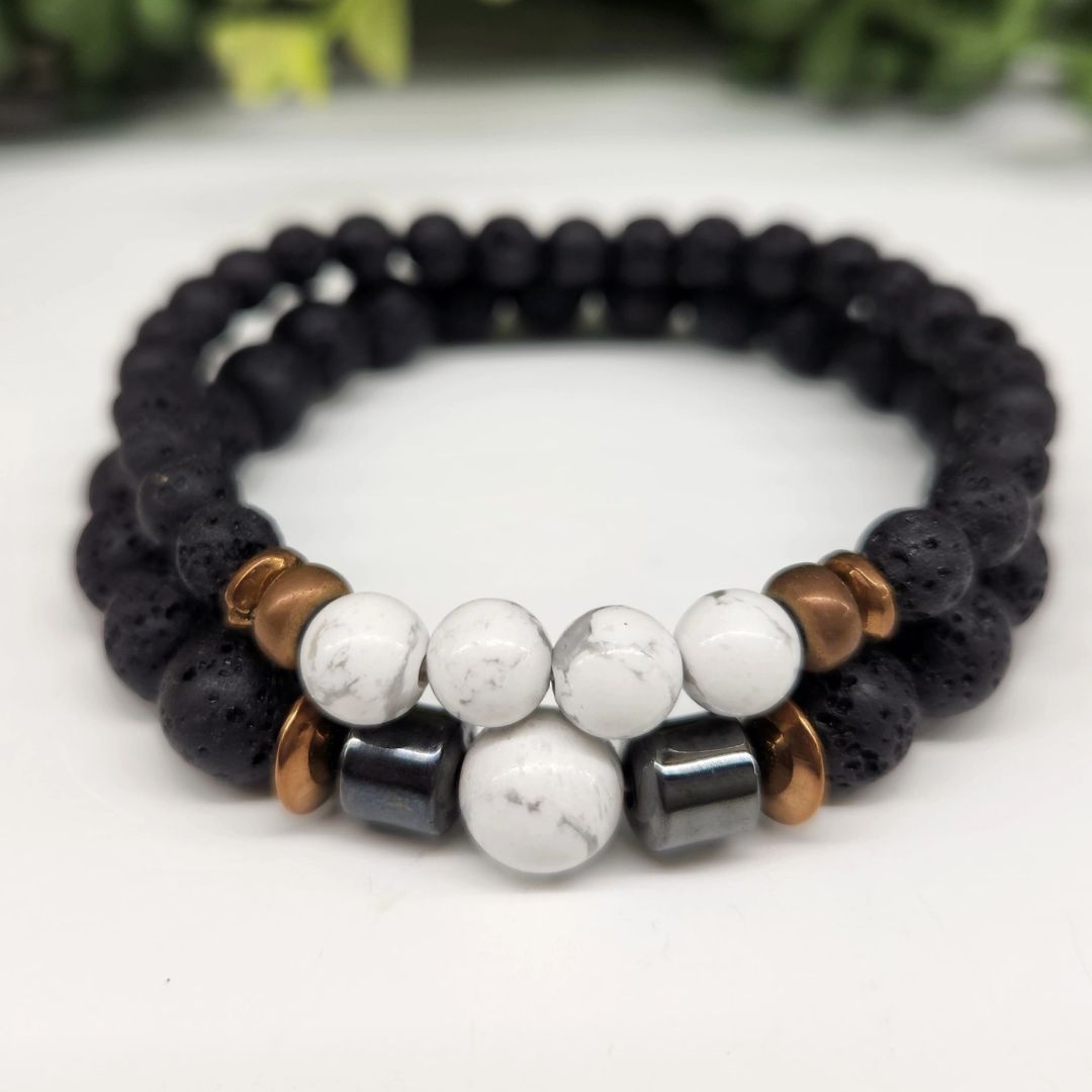 Crystal Black Lava Two Beaded Bracelet Set, White Howlite