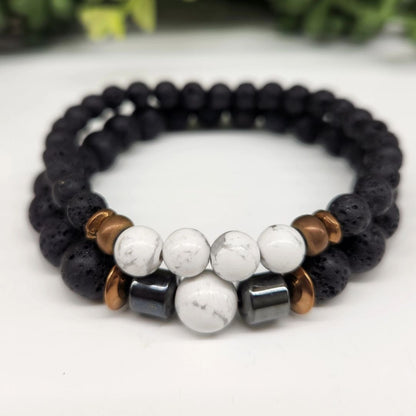 Crystal Black Lava Two Beaded Bracelet Set, White Howlite