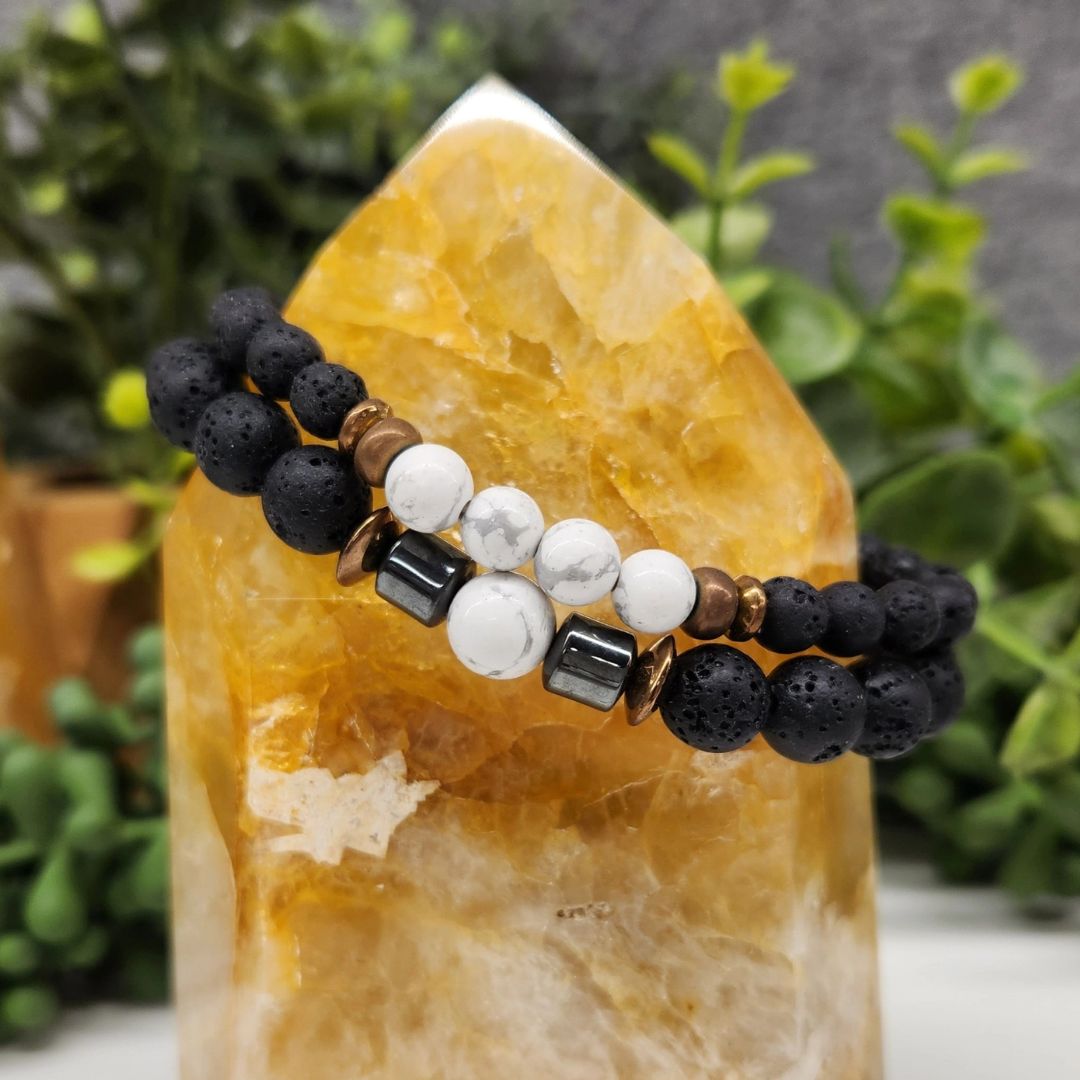 Crystal Black Lava Two Beaded Bracelet Set, White Howlite