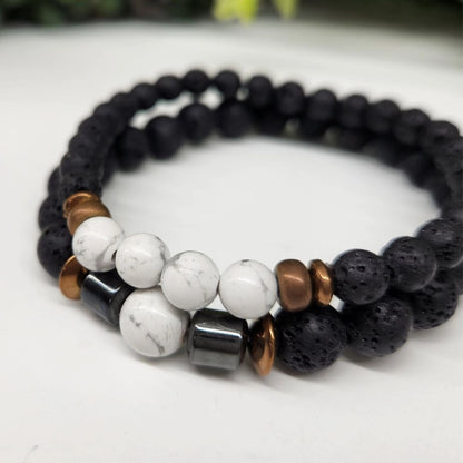 Crystal Black Lava Two Beaded Bracelet Set, White Howlite