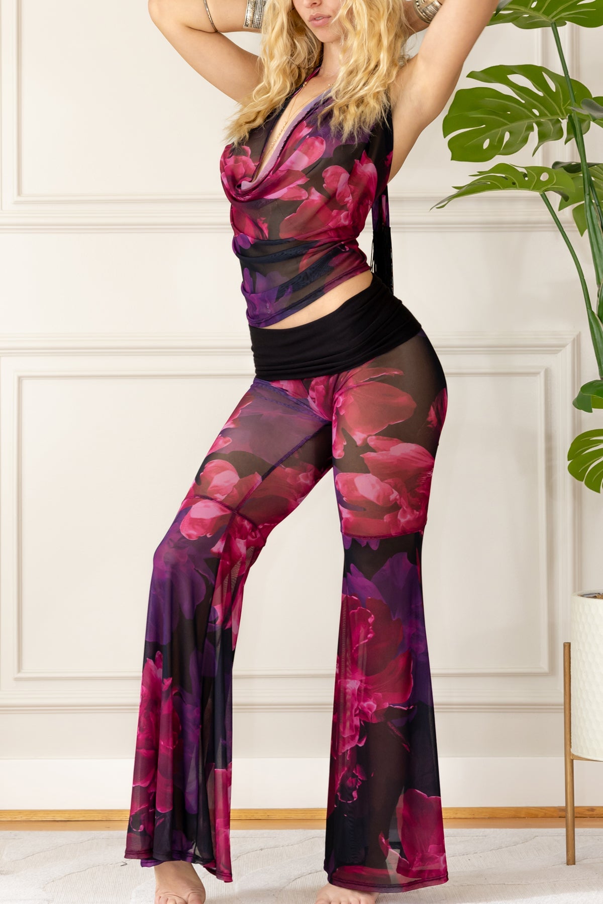 COWL TOP - NOCTURNAL BLOSSOM MESH - Vegan America