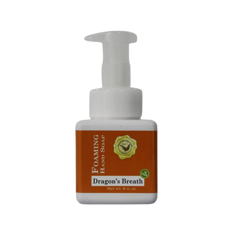 Dragon's Breath Foaming Hand Soap shown in a square, white bottle with an orange label
