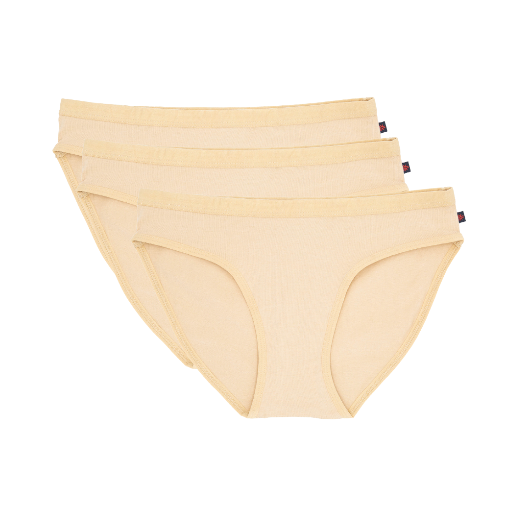 Pack of three soft organic cotton nude bikini style ethical underwear, Fairtrade certified