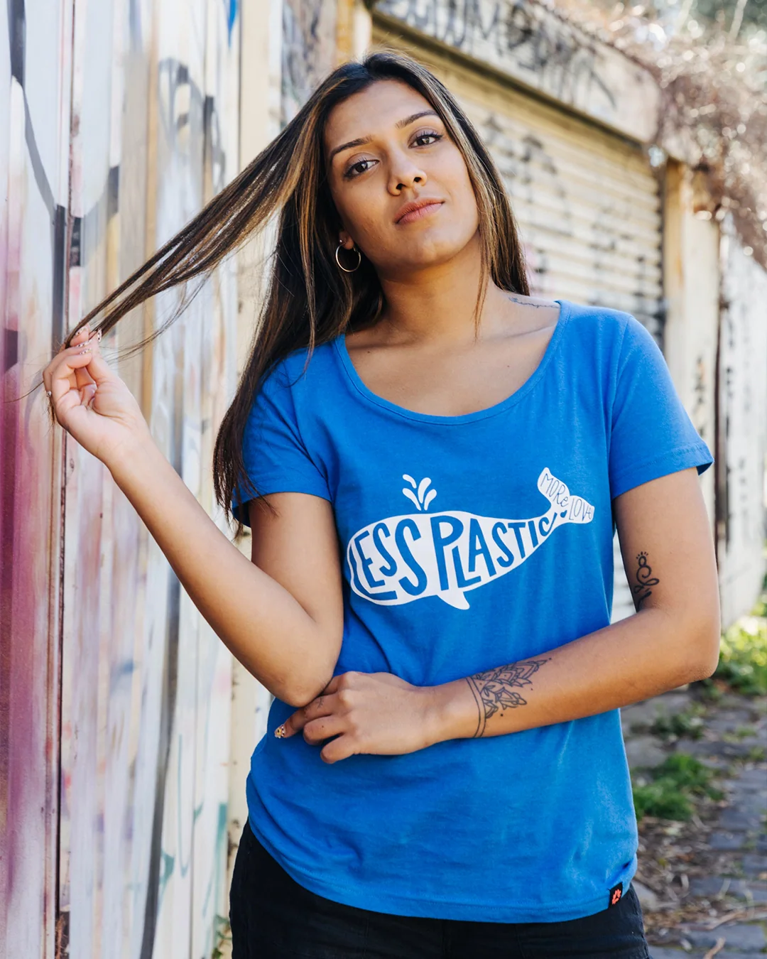 Less Plastic More Love Printed T-shirt, Womens Blue Marle