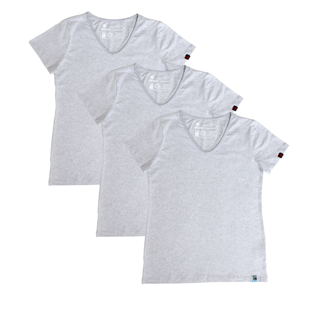 Etiko Fairtrade Certified Organic Cotton Grey Marle Womens V-Neck T-Shirt Bundle,  Eco-Friendly