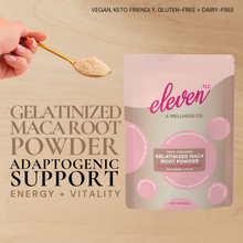 Eleven TLC Organic Gelatinized Maca Root Powder 500 g pouch with 357 servings beside a hand holding a gold spoonful of maca powder, highlighting adaptogenic support, energy, and vitality.
