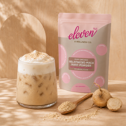 Eleven TLC Organic Gelatinized Maca Root Powder 500 g pouch with 357 servings beside an iced maca latte, wooden spoon, maca powder, and whole maca roots in warm natural light.
Size