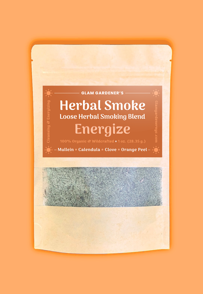 Loose herbal smoking blend with wild-harvested mullein, organic calendula, organic clove, and organic orange peel designed to energize, cleanse, and soothe