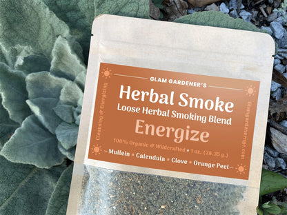 Loose herbal smoking blend with wild-harvested mullein, organic calendula, organic clove, and organic orange peel designed to energize, cleanse, and soothe