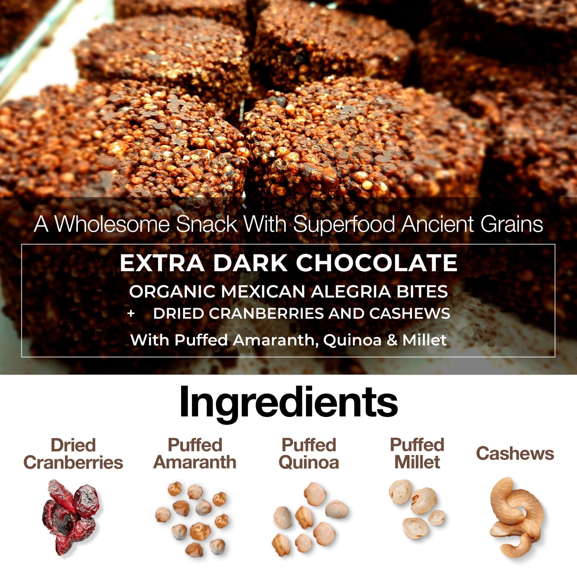 NEW Extra Dark Chocolate Alegria Bites w/ Cranberries + Cashews - Vegan America
