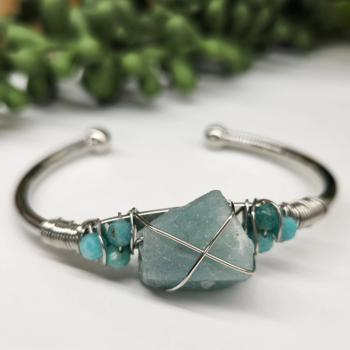 Gemstone Wire-Wrapped Bracelet - Amazonite White Gold