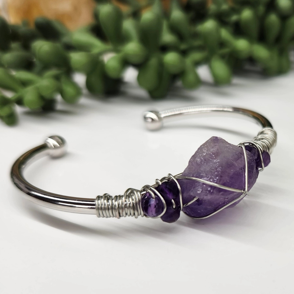 Gemstone Wire-Wrapped Bracelet - Amethyst White Gold