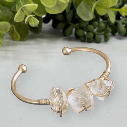 Gemstone Wire-Wrapped Bracelet - Clear Quartz Yellow Gold
