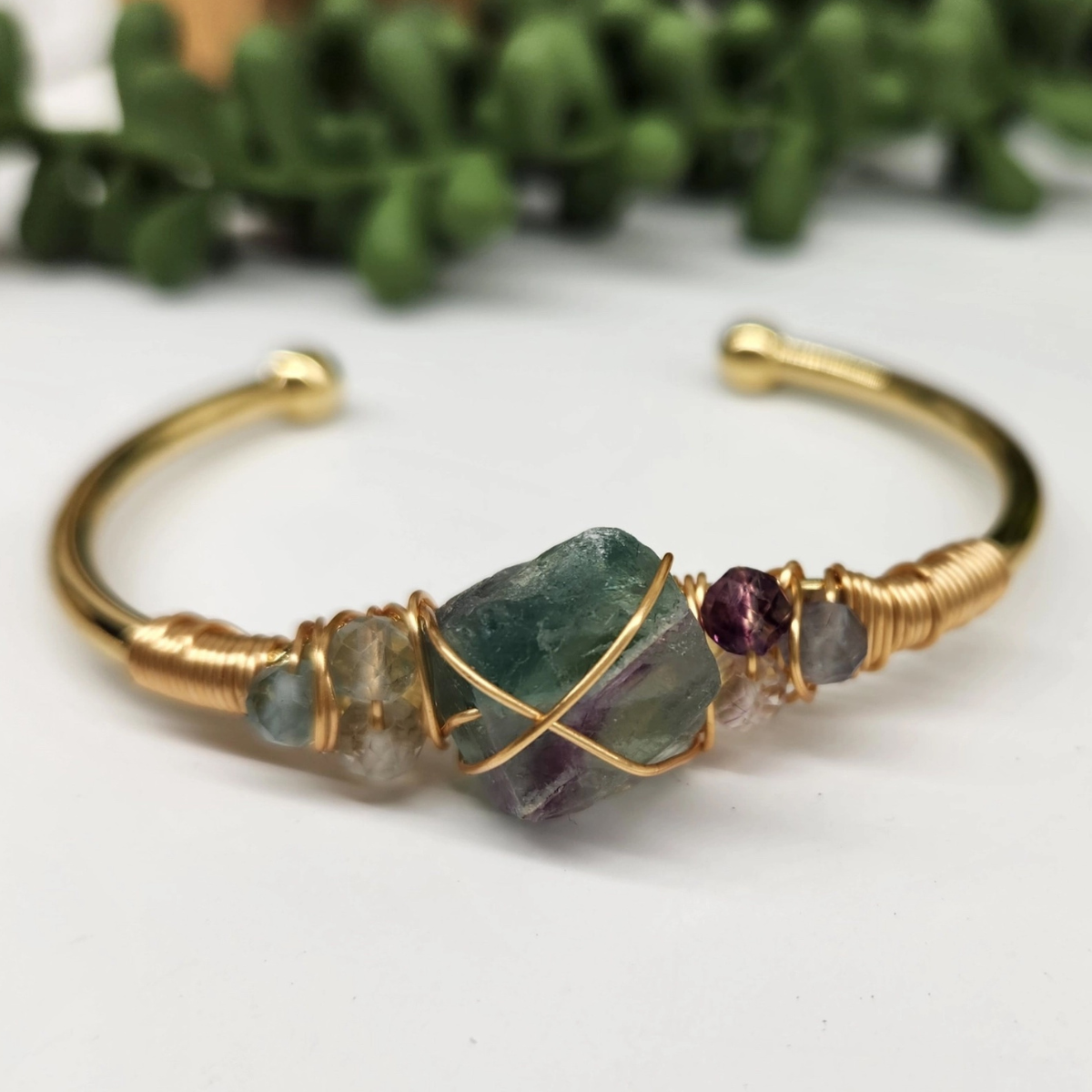 Gemstone Wire-Wrapped Bracelet - Rainbow Fluorite Yellow Gold