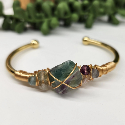 Gemstone Wire-Wrapped Bracelet - Rainbow Fluorite Yellow Gold