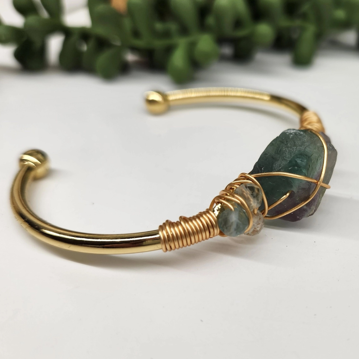 Gemstone Wire-Wrapped Bracelet - Rainbow Fluorite Yellow Gold