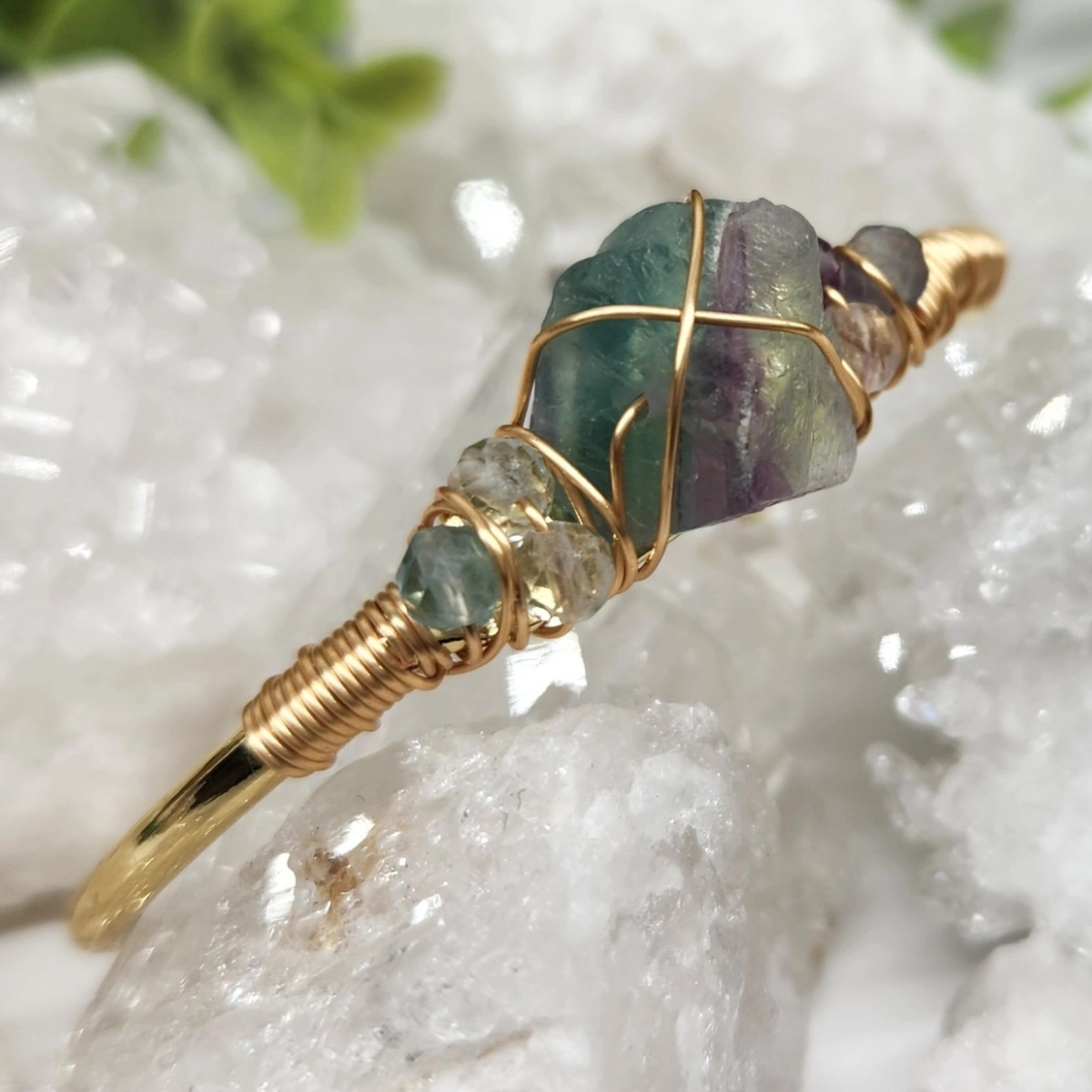 Gemstone Wire-Wrapped Bracelet - Rainbow Fluorite Yellow Gold