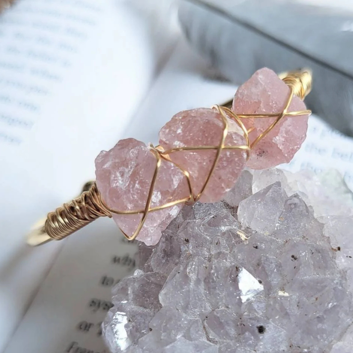 Gemstone Wire-Wrapped Bracelet - Strawberry Quartz Yellow Gold
