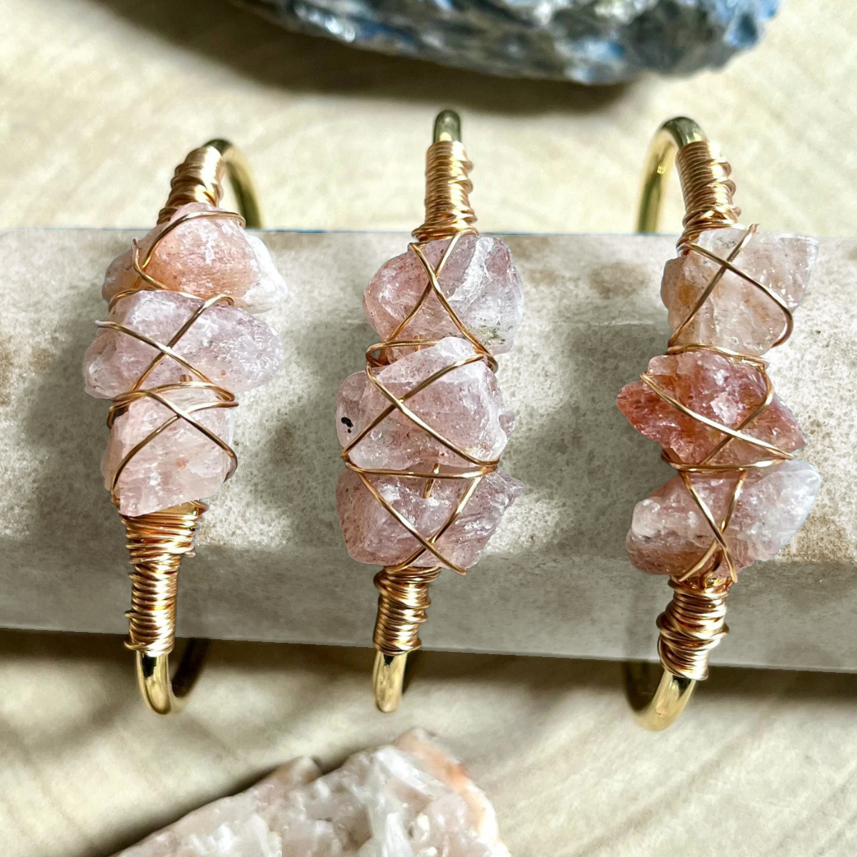 Gemstone Wire-Wrapped Bracelet - Strawberry Quartz Yellow Gold