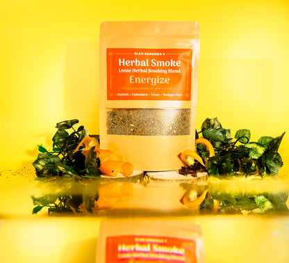 Loose herbal smoking blend with wild-harvested mullein, organic calendula, organic clove, and organic orange peel designed to energize, cleanse, and soothe