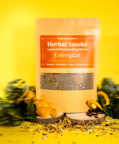 Loose herbal smoking blend with wild-harvested mullein, organic calendula, organic clove, and organic orange peel designed to energize, cleanse, and soothe